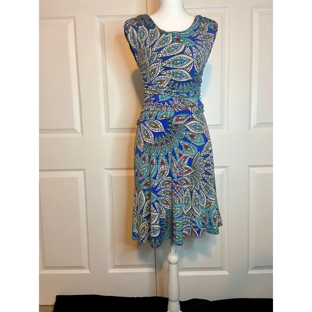 En Focus Petite Blue Paisley Ruched Sheath Dress 6P Sleeveless Jersey Knit